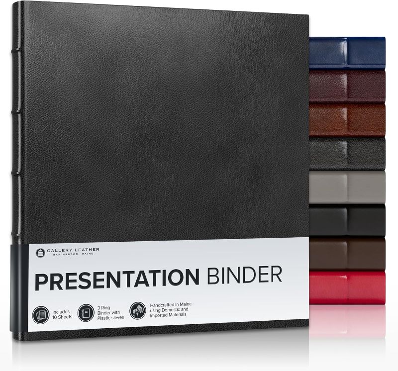 Photo 1 of Gallery Leather 3 Ring Binder with Plastic Sleeves, Includes 10 Sheets, Sheet Size: 8.5" x 11" - Presentation Binder Rings with Hubbed Spine, Thick: 1.25" Belfast Black