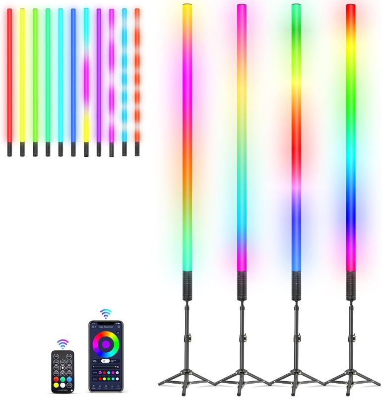 Photo 1 of 4Pack RGB Tube Light Bar(4FT) with Light Stand, Battery Powered LED Video Light Wand Stick for DJ Lighting, Dance Club and Photography Lighting