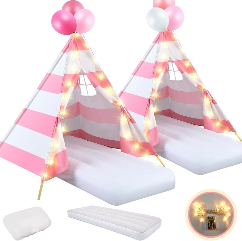 Photo 1 of 2 Pack Kids Teepee Tent with Mattress,Fitted Sheet,Light String,Washable Natural Cotton Toddler Play Tent for Girls Boys Indoor Outdoor Sleepover Slumber Birthday Party(Pink and White)
