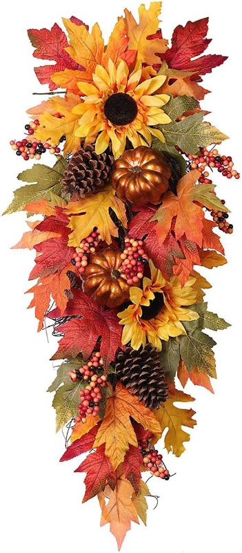 Photo 1 of Haute Decor 32 Inch Fall Sunflower Artificial Swag with Real Pinecones, Faux Berries and Pumpkins - Autumn Shades of Yellow, Orange, red, Brown, and Green