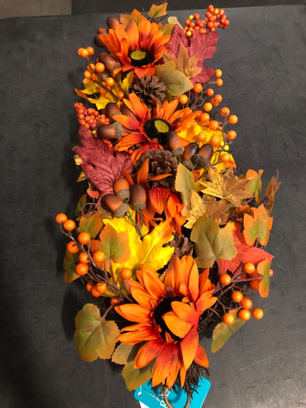 Photo 1 of Haute Decor 32 Inch Fall Sunflower Artificial Swag with Real Pinecones, Faux Berries and Pumpkins - Autumn Shades of Yellow, Orange, red, Brown, and Green