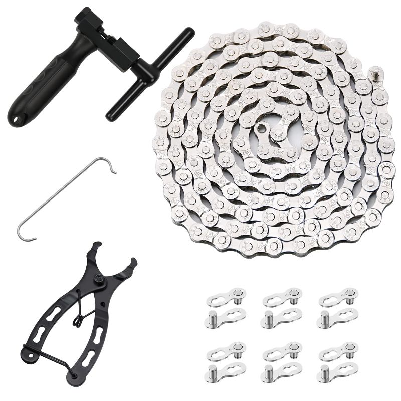 Photo 1 of Bike Chain Kit, Single/6/7/8/9/10/11/12 Speed Multi-Function Bike Mechanic Repair Kit, Chain Breaker and Bike Link Plier with Hook and 6 Pairs Bicycle Buckle, Reusable (6/7/8 Speed Bike Chain Kit)