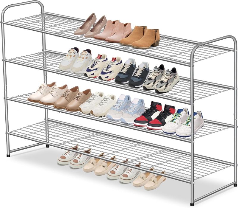 Photo 1 of Missing Screws** AOODA Long 4 Tier Shoe Rack for Closet Metal Wide Shoe Storage Organizer for Entryway, Bedroom, Floor, Holds 30 Pairs Men Sneakers Stackable Boot Shelf with Wire Grid, Grey