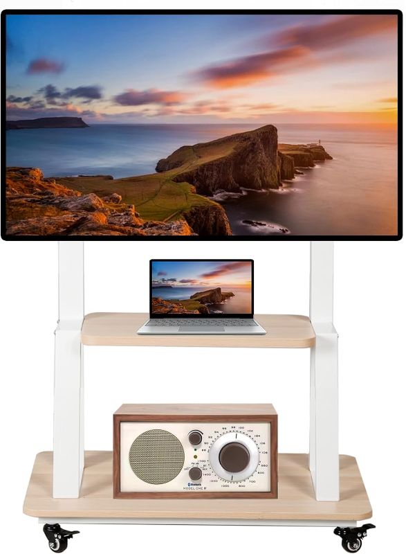 Photo 1 of Mobile TV Stand Rolling TV cart for 32-75 Inch Rolling TV Stand with Wheels Flat/Curved LED/LCD/OLED Height Adjustable Heavy-Duty Portable Floor Mount with Wood Shelf Holds up to 100lbs White