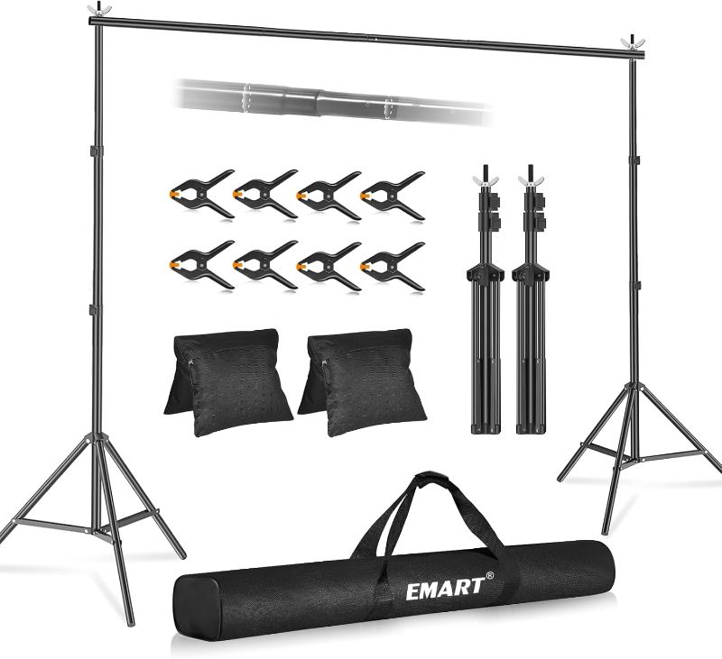 Photo 1 of EMART Backdrop Stand 10x8.5ft(WxH) Photo Studio Adjustable Background Stand Support Kit with 2 Crossbars, 8 Backdrop Clamps, 2 Sandbags and Carrying Bag for Parties Events Decoration