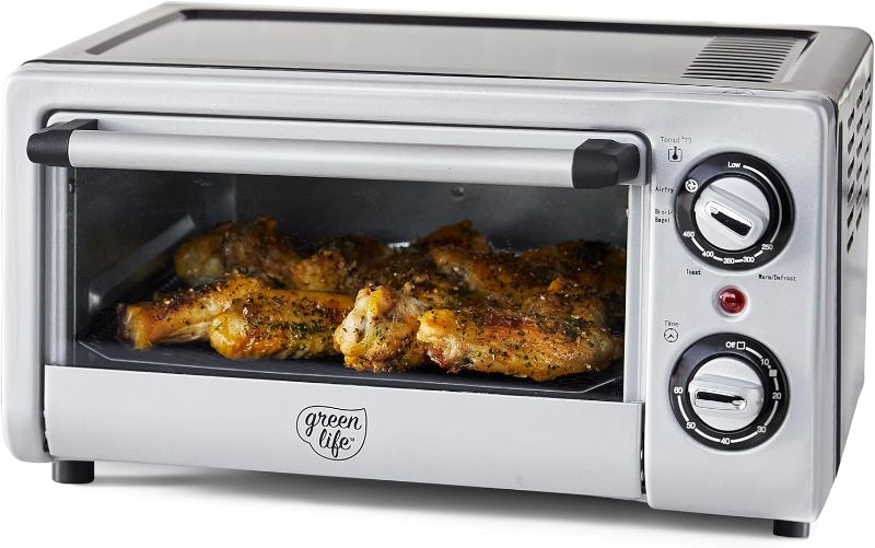 Photo 1 of GreenLife Countertop Toaster Oven Air Fryer Stainless Steel, Healthy Ceramic Nonstick, PFAS and PFOA-Free, Tray & Basket, Bake, Broil, Reheat, Adjustable Temp & Time Control, Auto Shutoff, Black