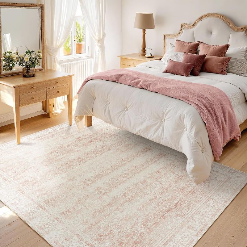 Photo 1 of Light Pink Bedroom Rugs 6x9 Aesthetic Cute Boho Floral Feminine Soft Faux Wool Machine Washable Carpet Area Rugs for Kids Room Playroom Office