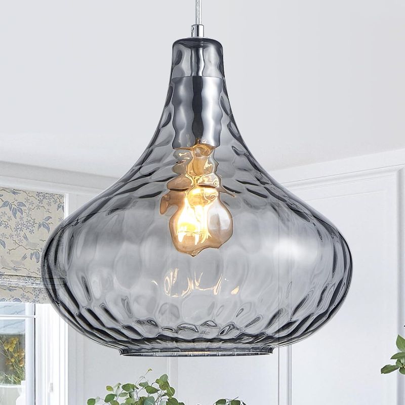 Photo 1 of Hammered Glass Pendant Light - 11" Vintage Industrial Farmhouse Fixture for Kitchen Island, Dining Room & Entryway, Smoke Gray Ceiling Hanging Light with Chrome Finish,Easy Install Modern Chandelier