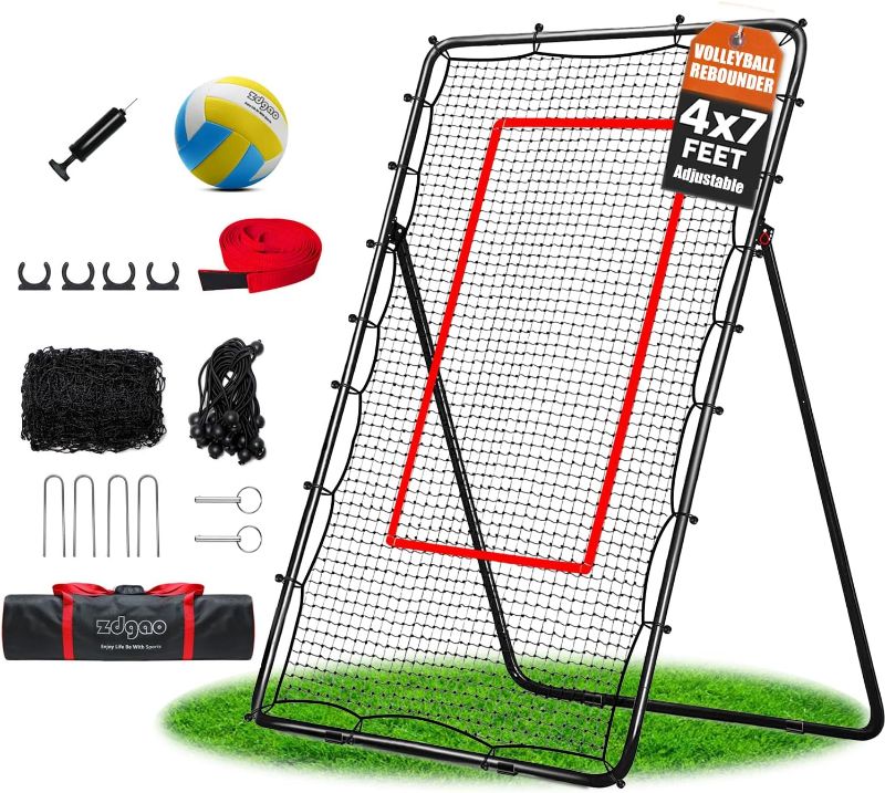 Photo 1 of Volleyball Rebounder Net with Bungee Cords, Volleyball,Carry Bag and Neon Target, Adjustable Bounce Back Net for Practicing Volleying, Bumping, Spiking (4x7ft)