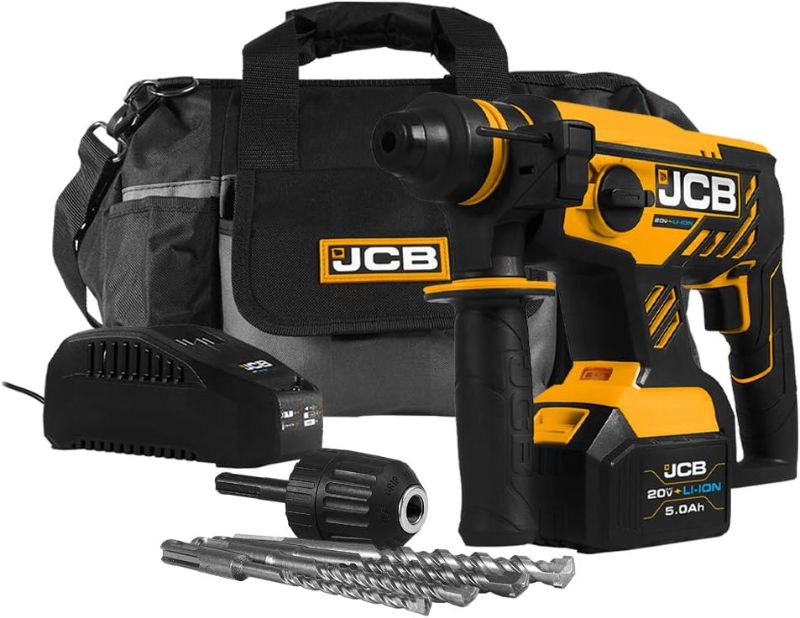 Photo 1 of JCB Tools - JCB 20V Cordless Brushless SDS Rotary Impact Hammer Drill Power Tool - With 5.0Ah Battery And Charger - For Concrete, Masonry, Removing Plaster, Chiseling, Electricians Drill, Core Cutting