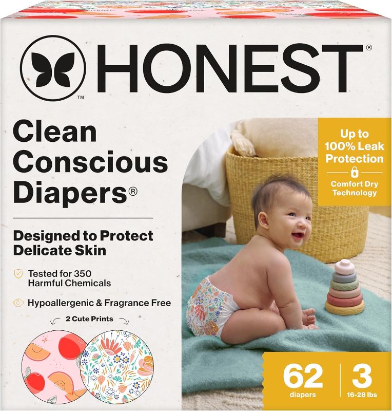 Photo 1 of The Honest Company Clean Conscious Diapers for Sensitive Skin | Up to 100% Leakproof | Hypoallergenic, Fragrance Free | Girl Prints | Club Box, Size 3 (16-28 lbs), 62 Count (Prints May Vary)
