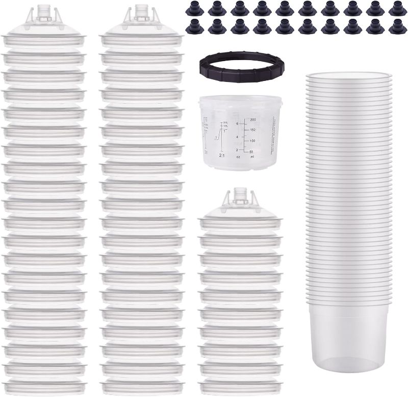 Photo 1 of (Missing Retainer Ring and Plugs) Disposable Paint Gun Sprayer Mixing PPS Cup Liners and Lid System for HVLP Spray Gun 50 Cups Liners 50 Lids with Strainer 1 Hard Cup with Retainer Ring 20 Plugs, 200ML(8 OZ)