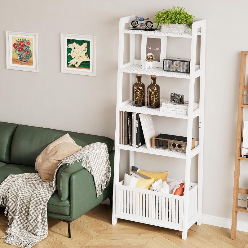 Photo 1 of Bamjoy Bamboo White Bookshelf with Slatted Basket, Ladder Bookcase with 4 Display Shelves and 1 Open Storage Basket, Multifunctional Storage Rack Organizer for Home Office, Bedroom, Living Room, 66” , Natural