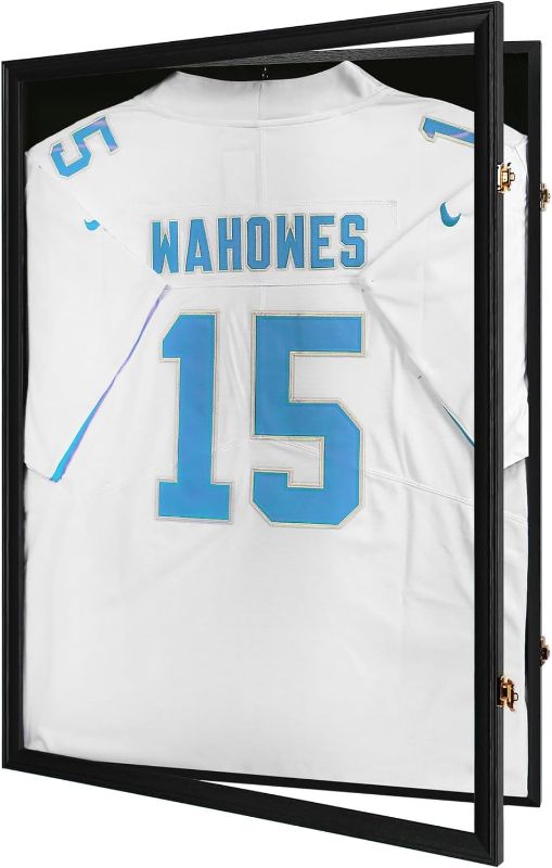 Photo 1 of Jersey Frame Display Case-Jersey Display Shadow Box- Lockable Jersey Frame with 2 Wall Hangers and UV Resistant Acrylic-Display Case for Football Baseball Basketball Jersey-Black, Wood
