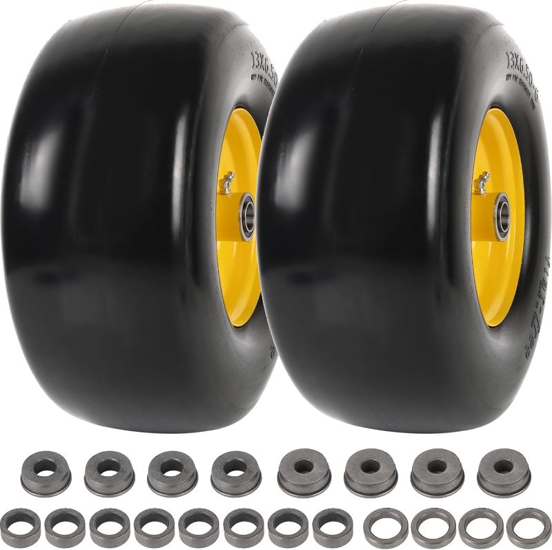 Photo 1 of AR-PRO (2-Pack) 13x6.50-6 Flat Free Tire and Wheel, Replacement Solid Smooth Tires for Zero Turn Riding Lawn Mower Front Wheels, 5.5"-7.8" Centered Hub, 3/4" Bearings extra 5/8" & 1/2" Bushings