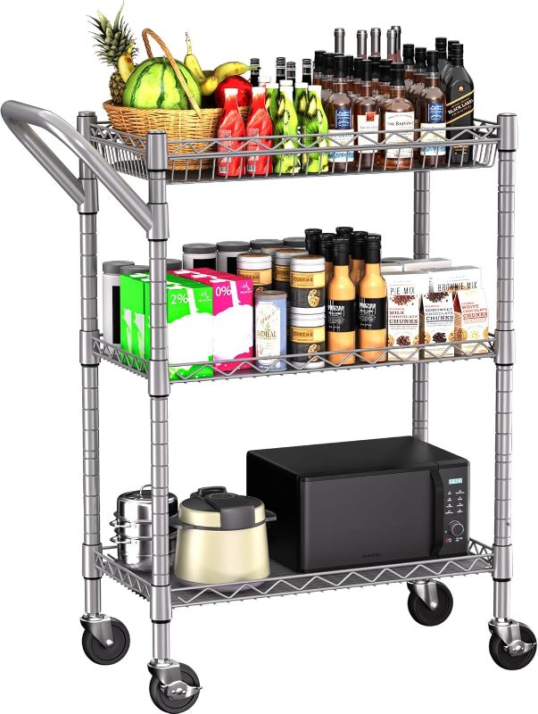 Photo 1 of 3 Tier Heavy Duty Rolling Utility Cart,18" D x 23.8" W x 36.6" H Rolling Carts with Wheels,Commercial Grade Metal with Handle Bar & Shelf Liner,Trolley Serving Storage Cart for Kitchen Silver