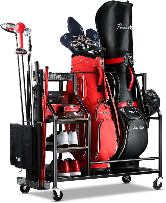 Photo 1 of Golf Bags Storage Garage Organizer- Golf Bag Stand for Golf Bags, Clubs, Balls, Golf Equipment Accessories, Golf Bag Storage Rack with Wheels for Garage, Club, Basement