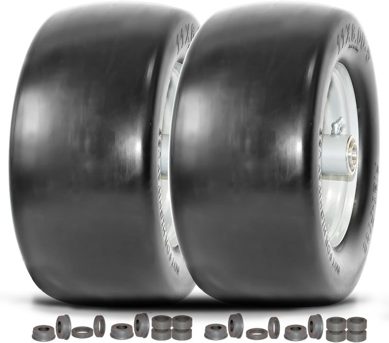Photo 1 of 11x6.00-5 Lawn Mower Tires Flat Free, Zero Turn Mower Front Tires, 11x6-5 Solid Smooth Tires and Wheel with 3/4"or 5/8"& 1/2" Precision Bushings, 3.4"-5.6" Centered Hub (2 Pack)