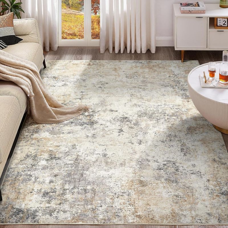 Photo 1 of 10x14 Area Rug Living Room Rugs - Washable Neutral Modern Abstract Soft Thin Large Rug Indoor Floor No Slip Rug Carpet for Bedroom Under Dining Table Home Office Decor - Golden Grey