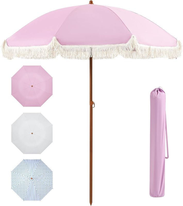Photo 1 of Different Color Than Picture** Aoxun 7ft Patio Umbrella with Fringe Outdoor UV 50+ Protection Picnic Umbrella with Aluminum Pole, Ribs Push Button Tilt and Carry Bag