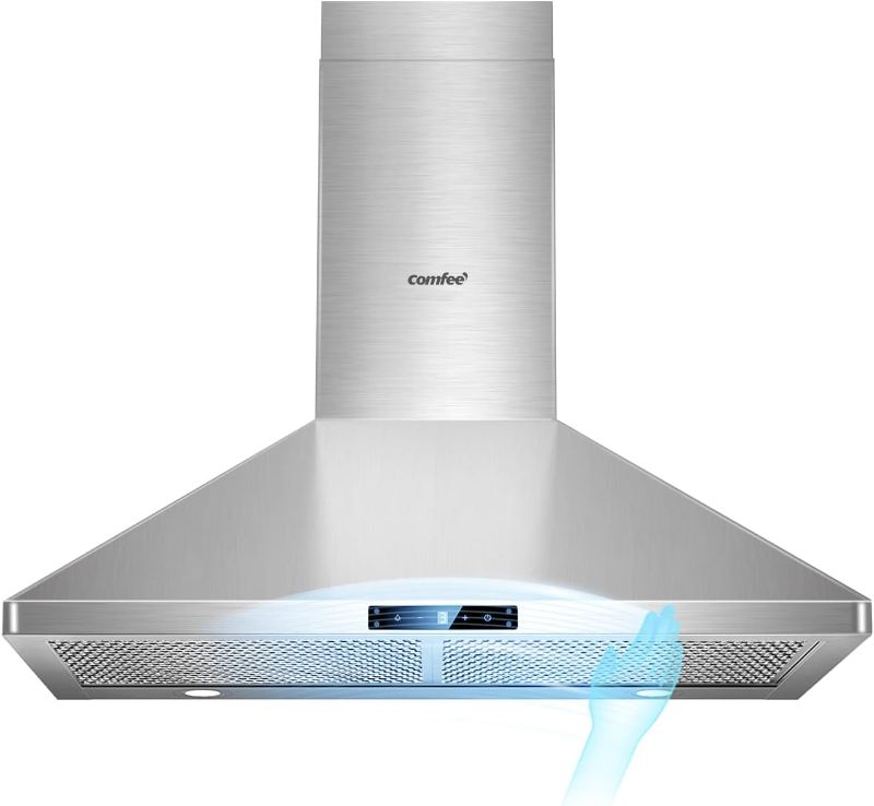 Photo 1 of COMFEE' CVP30W7AST 30 Inch 450 CFM 3 Speed Gesture Sensing &Touch Control Panel Stainless Steel Wall Mount Ductless/Ducted Convertible Vent Baffle Filters and 2 LED Lights Range Hood