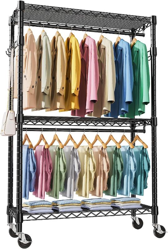 Photo 1 of Heavy Duty Rolling Garment Rack 3 Tiers Adjustable Wire Shelving Clothes Rack with 2 Rods and Side Hooks, Storage Closet Clothing Rack with Wheels Black 17.7" D x 47.2" W x 83.6" H