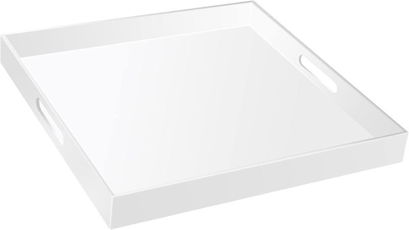 Photo 1 of 20×20 Inches Oversize Extra Large Sturdy Glossy White Acrylic Serving Tray King Size Decorative Big Ottoman Trays with Cut Out Handles Water Proof Bed Tray Coffee Counter Top Organizer