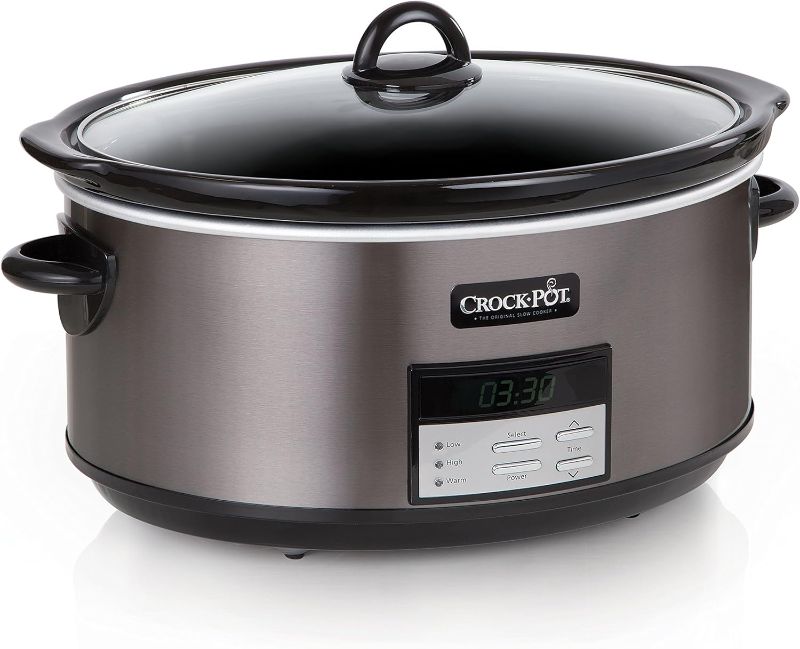 Photo 1 of Crock-Pot Large 8-Quart Programmable Slow Cooker with Auto Warm Setting Black Stainless Steel Includes Cookbook (Pack of 1)