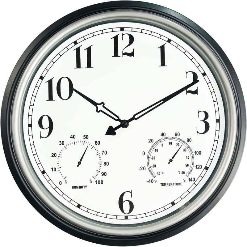 Photo 1 of Rsobl 16 Inch Large Indoor Outdoor Wall Clock,Waterproof Non-Ticking Clock with Thermometer and Hygrometer Combo,Battery Operated Clock Wall Decorative- Silver