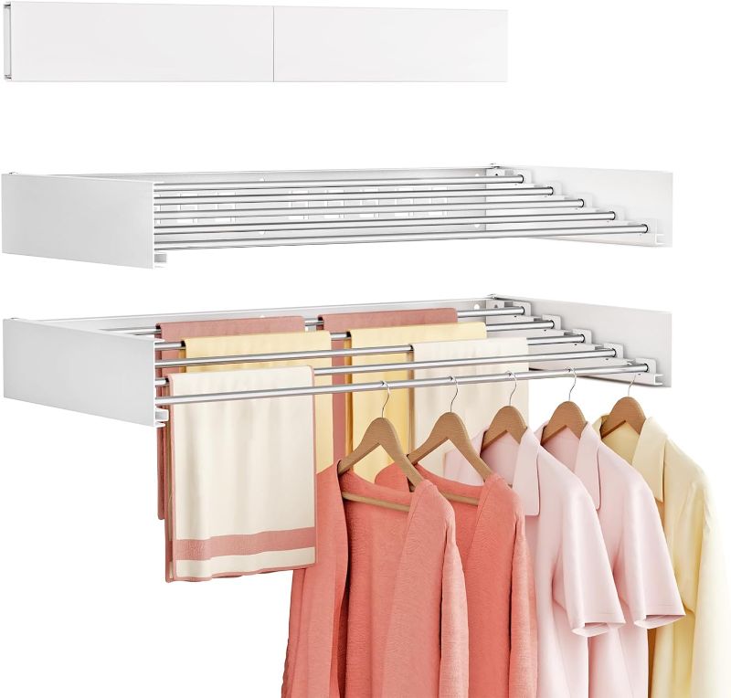 Photo 1 of Wall Mounted Clothes Drying Rack Folding Indoor, Foldable Laundry Drying Rack Collapsible,Invisible, Space Saving, Retractable Towel Drying Rack, with Wall Template(5 Drying Rods, White 32")