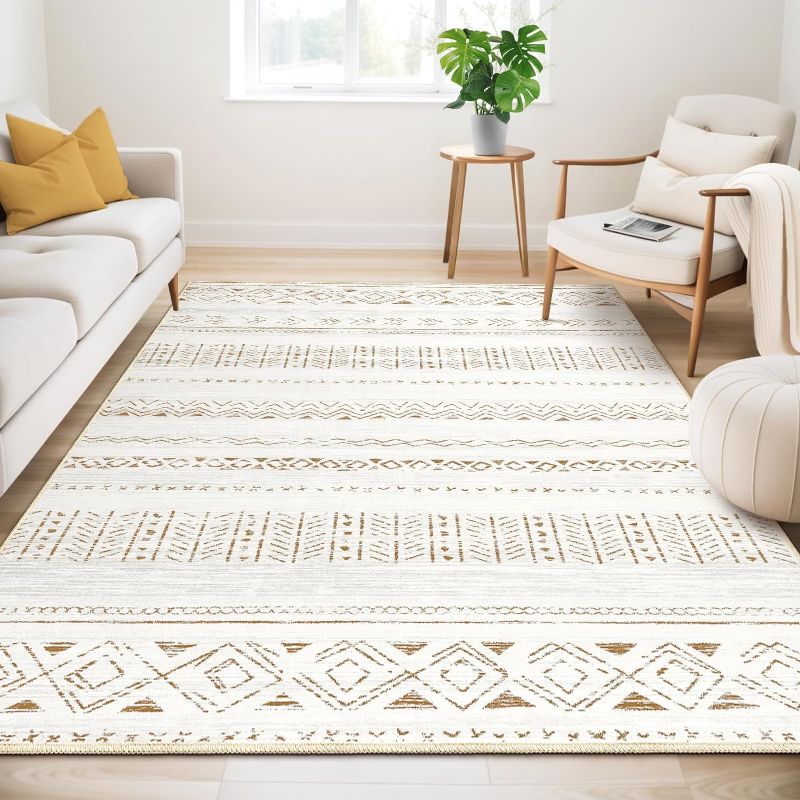 Photo 1 of Large Living Room Area Rug 5x7: Soft Machine Washable Boho Moroccan Farmhouse Rugs for Bedroom Under Dining Table - Non-Slip Neutral Morden Indoor Floor Carpet for Home Office - Brown/Cream