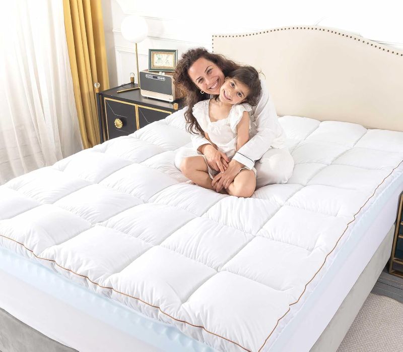 Photo 1 of (Q) WhatsBedding Memory Foam Mattress Topper 5inch, Soft Egg Crate Mattress Topper with Breathable Cover for Back Pain Relief, CertiPUR-US Certified (White+Bule, Queen)