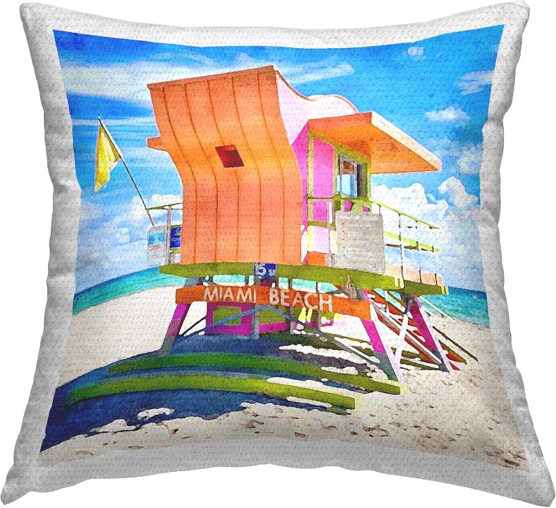 Photo 1 of Stupell Industries Miami Beach Shoreline Outdoor Printed Pillow, 18 x 18, Orange