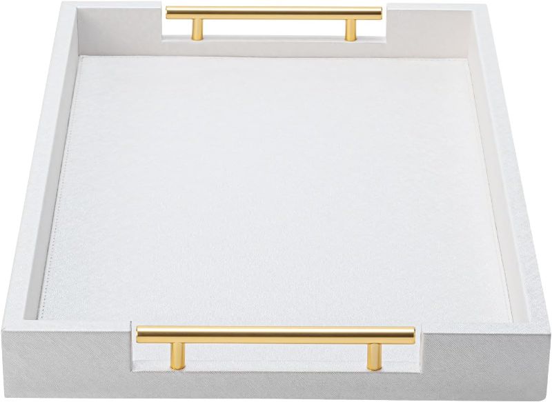 Photo 1 of White Leather Decotative Coffee Table Tray,Modern Large Ottoman Tray Rectangle Serving Tray with Handles for Living Room Party