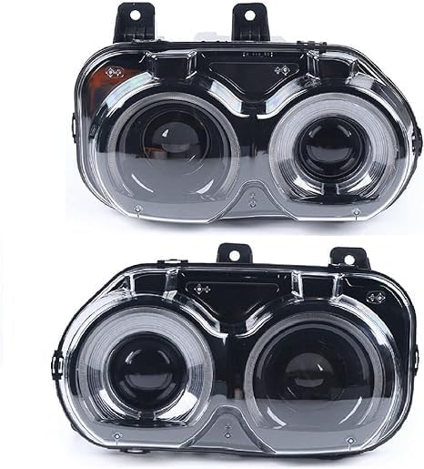 Photo 1 of Front Headlight Assembly For 2015 2016 2017 2018 Dodge Challenger,Left Driver+Right Passenger Side Replacement,Halogen Headlamp Black Housing Clear Lens