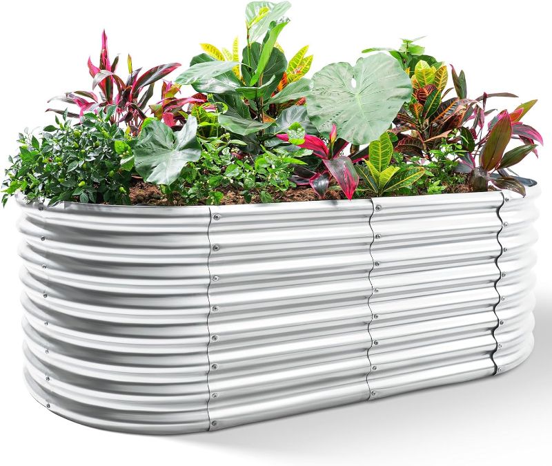 Photo 1 of Land Guard 24“ Tall Galvanized Raised Garden Bed Kit, Galvanized Planter Garden Boxes Outdoor, Oval Large Metal Raised Garden Bed for Vegetables (Classic Silver, 4×2×2ft)