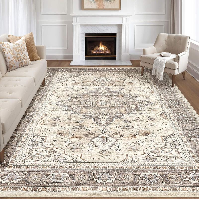 Photo 1 of 10x12 Area Rug Living Room: Washable Boho Large Neutral Vintage Soft Rugs Stain Resistant Farmhouse Non Slip Indoor Floor Carpet for Bedroom Nursery Kids Playroom Office Dining Room- Beige Brown