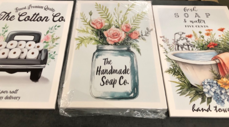 Photo 1 of 3 Piece Farmhouse Bathroom Wall Art, Fresh Soap And Water Bath Tub Bathroom Decor Design Bathroom Pictures for Wall, Rustic Bathroom Canvas Flower Prints Aesthetic Bathroom Artwork Decor16"x24"x3P