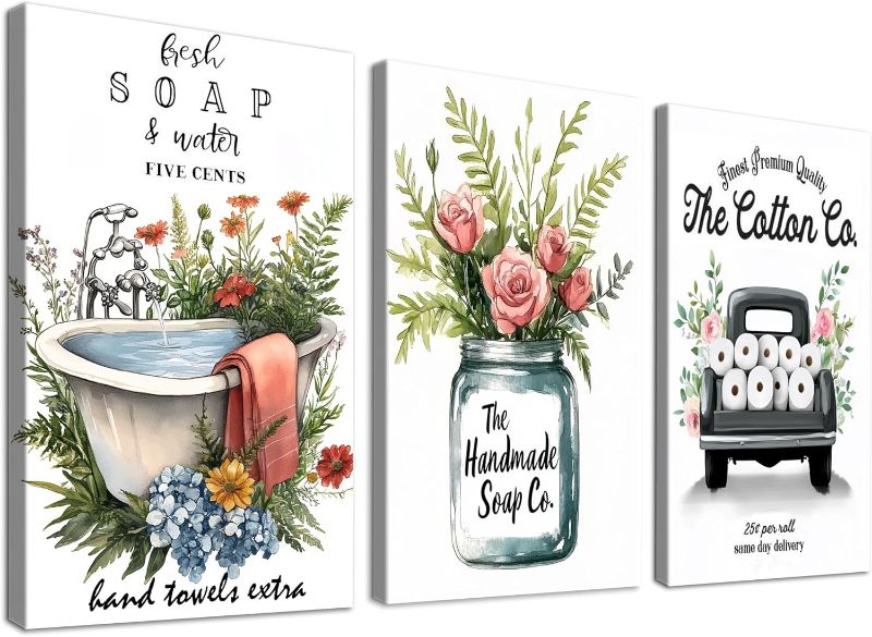 Photo 1 of 3 Piece Farmhouse Bathroom Wall Art, Fresh Soap And Water Bath Tub Bathroom Decor Design Bathroom Pictures for Wall, Rustic Bathroom Canvas Flower Prints Aesthetic Bathroom Artwork Decor16"x24"x3P