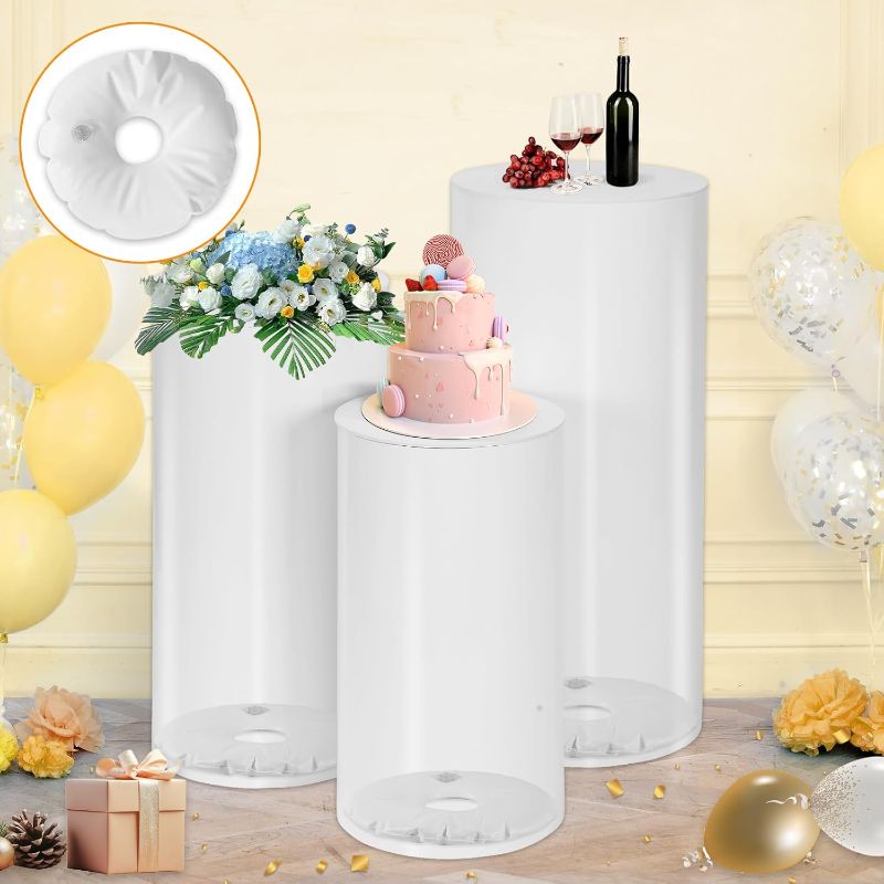 Photo 1 of Thickened PVC Cylinder Pedestal Stands 3Pcs with Free Weighted Water Bag - White Round Pedestal Stand for Wedding, Birthday, Babyshower Decoration 35.4''(L),29.5''(M),23.6''(S)