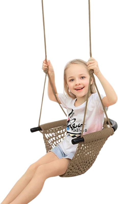 Photo 1 of JKsmart Toddler Swing, Swing Seat for Kids Heavy Duty Rope Play Secure Children Swings Set, Perfect for Indoor,Outdoor,Playground,Home,Tree,with Snap Hooks & Straps,440 lbs Capacity, Light Brown