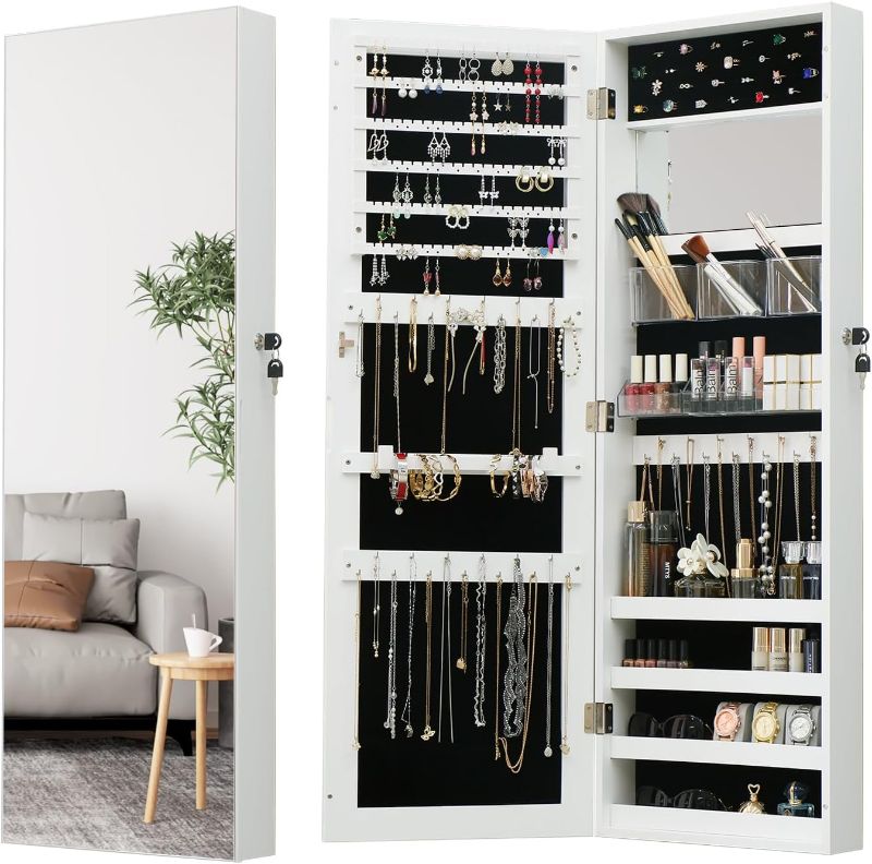 Photo 1 of Full Length Mirror Jewelry Cabinet - 2-in-1 Organizer for Makeup and Jewelry,Lockable Door Wall-Mounted Jewelry Armoire with Shelves and Behind the Door Storage White
