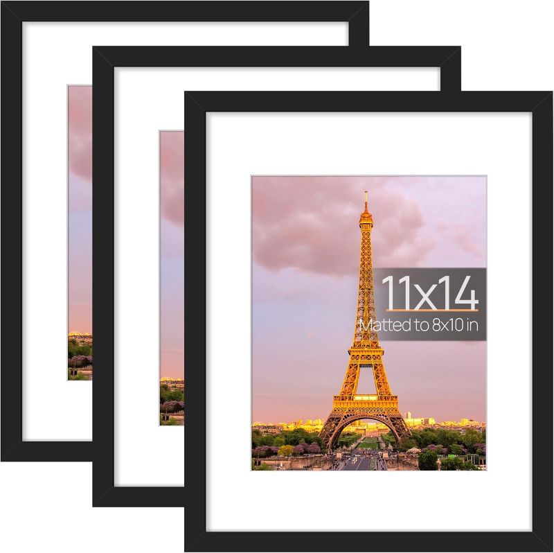 Photo 1 of Upsimples 11x14 Picture Frame Set of 3, Made of High Definition Glass for 8x10 with Mat or 11x14 Without Mat, Wall and Tabletop Display Photo Frames, Black