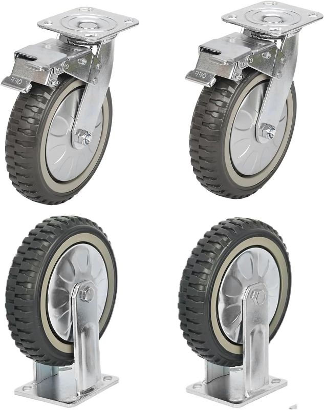 Photo 1 of 8 Inch Solid Caster Wheels Casters Heavy Duty Anti-Skid Polychloride Rotating Caster Wheels with 360 Degree Bearing Castors Top Plate with Brake 2 Fixed,1760 lbs Capacity