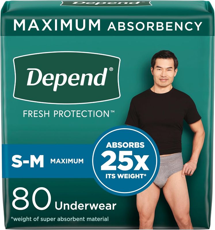 Photo 1 of Depend Fresh Protection Adult Incontinence Underwear for Men, Disposable, Maximum, Small/Medium, Grey, 80 Count (2 Packs of 40), Packaging May Vary