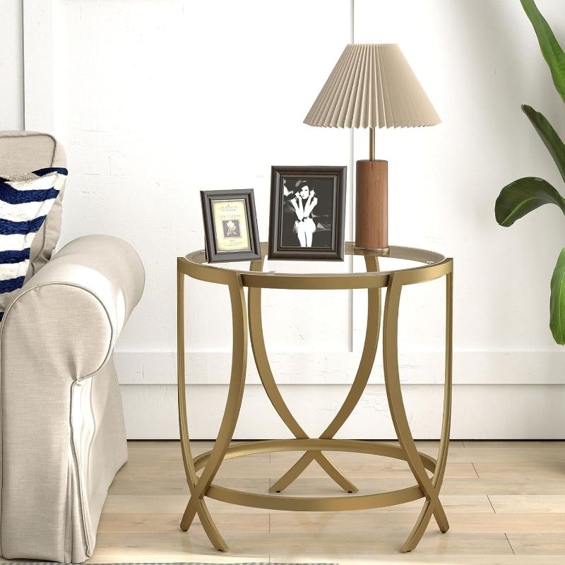 Photo 1 of ASYA Round End Table, Gold Side Table with Tempered Glass and Metal Frame, Glass Nightstand for Living Room, Bedroom and Office
