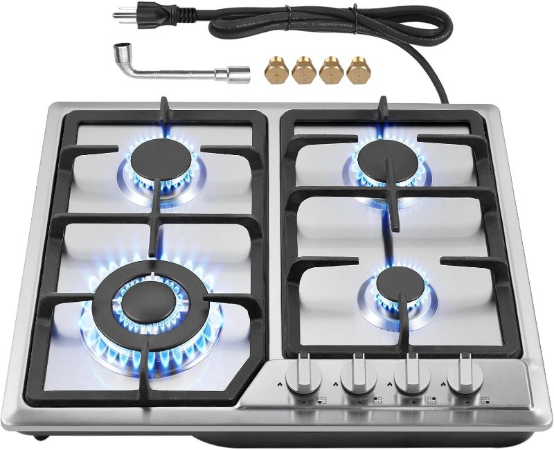 Photo 1 of Gas Cooktop 4 Burner, 24 Inch Built-in Gas Stove for RVs, NG/LPG Convertible Propane Cooktop with Thermocouple Safety, Stainless Steel Gas Hob
