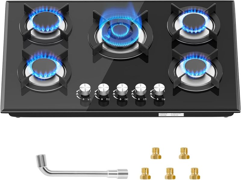 Photo 1 of Gas Cooktop 30 Inch 5 Burners, Propane Natural Gas Convertible Gas Stove Top, 35,900BTU Glass Gas Hob Built-in or Countertop Stove for Outdoor Indoor Cooking in Kitchen, RV, Camping
