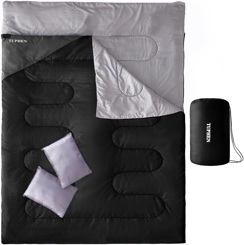 Photo 1 of Tuphen Double Sleeping Bag, Sleeping Bag with 2 Pillows, Queen Size XL Bag for 2 People, Cold Warm Weather- 3 Seasons, Waterproof Adults for Camping, Backpacking or Hiking
