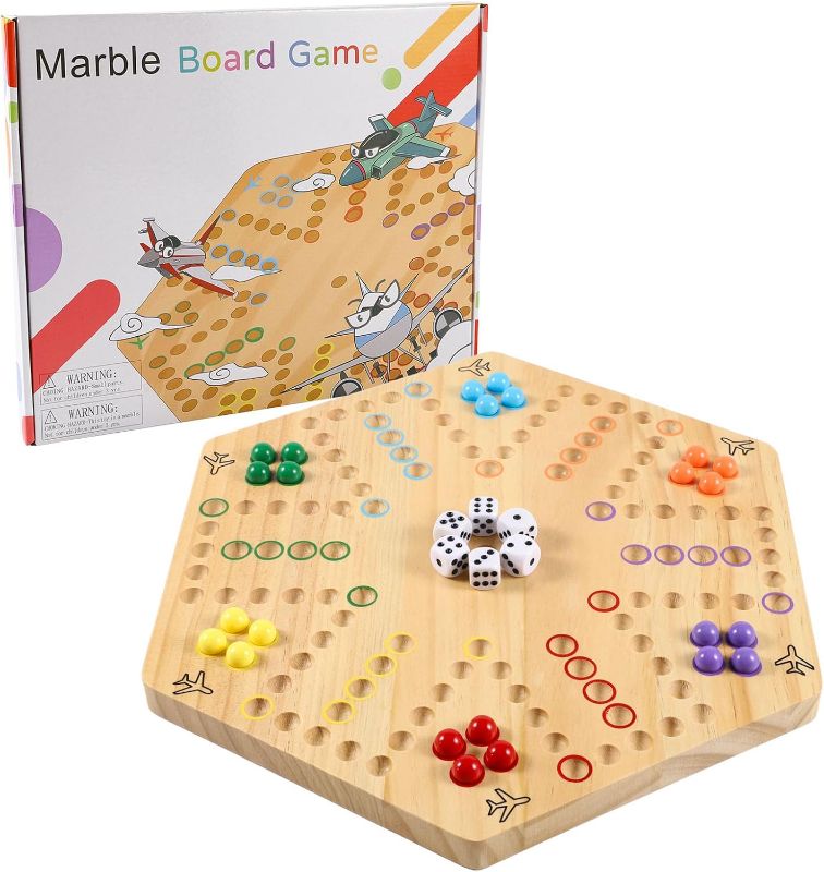 Photo 1 of Original Marble Game Wahoo Board Game Double Sided Painted Wooden Fast Track Board Game for Family Friends and Party 6 and 4 Players 6 Colors 24 Marbles 6 Dice
